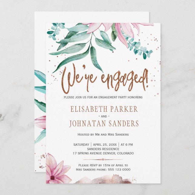 We're engaged modern typography engagement party invitation (Front/Back)