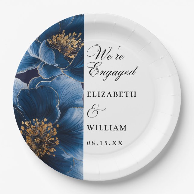 We're Engaged Navy Blue Floral Engagement Party Paper Plate (Front)