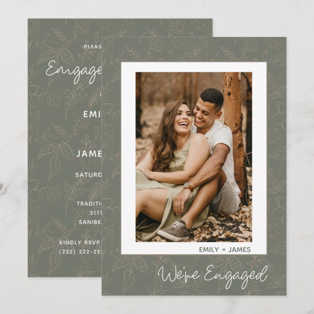 We're Engaged Photo Green Floral Engagement Party Invitation (Front/Back)