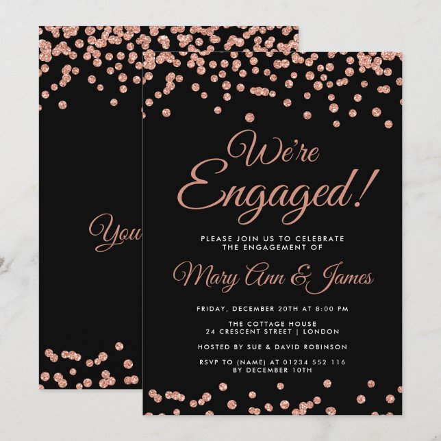 We're Engaged! Rose Gold Glitter Confetti Black Invitation (Front/Back)