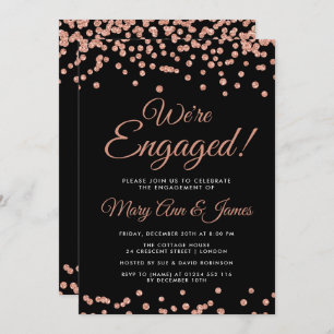 We're Engaged! Rose Gold Glitter Confetti Black Invitation