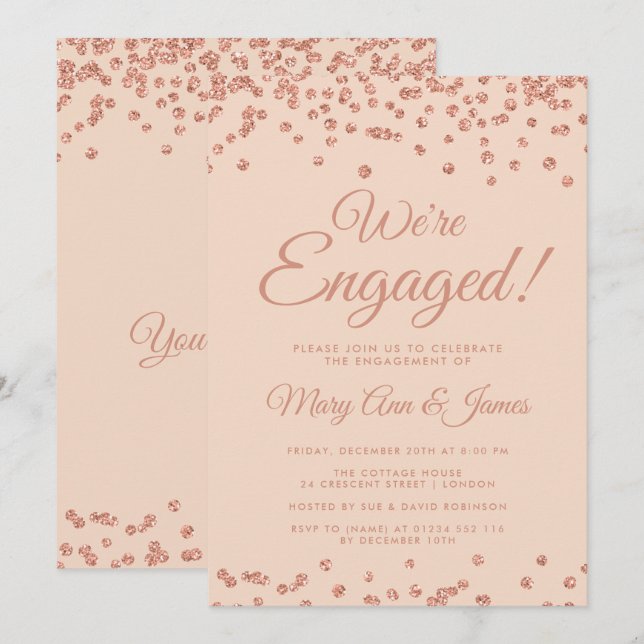 We're Engaged! Rose Gold Glitter Confetti Blush Invitation (Front/Back)