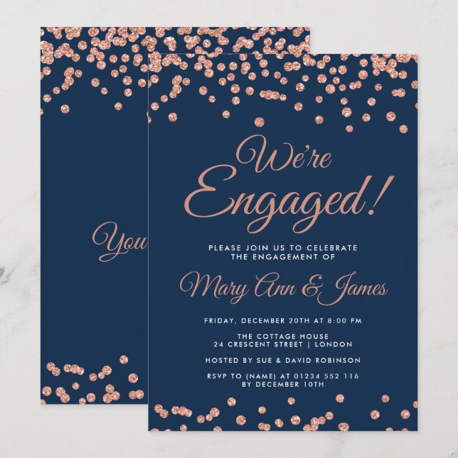 We're Engaged! Rose Gold Glitter Confetti Navy Invitation (Front/Back)