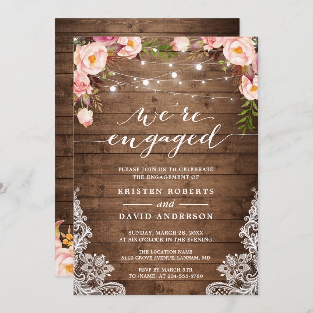 We're Engaged Rustic Floral Lace Engagement Party Invitation (Front/Back)