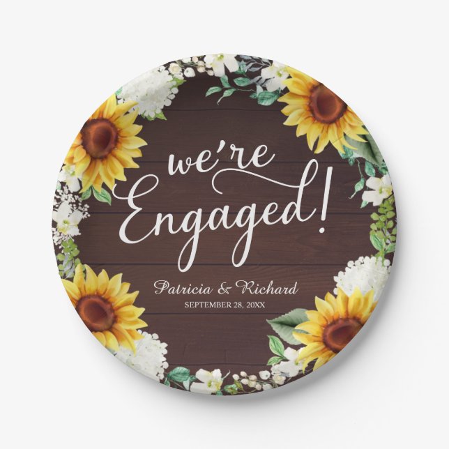 We're Engaged Rustic Sunflowers Engagement Party Paper Plate (Front)