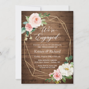 We're Engaged Rustic Wood Blush Floral Engagement Announcement
