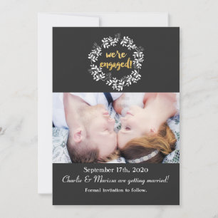 WE'RE ENGAGED Rustic Wreath Wedding Photo Card