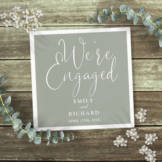 We're Engaged Sage Green Script Engagement Party  Napkin (We're Engaged Sage Green Script Engagement Party Napkins)