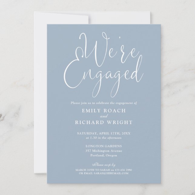 We're Engaged Script Dusty Blue Engagement Party Invitation (Front)