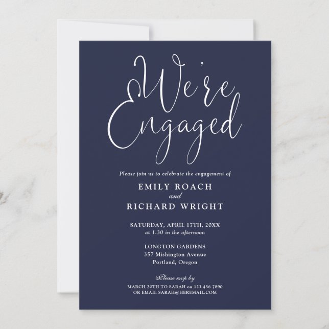 We're Engaged Script Navy Blue Engagement Party Invitation (Front)