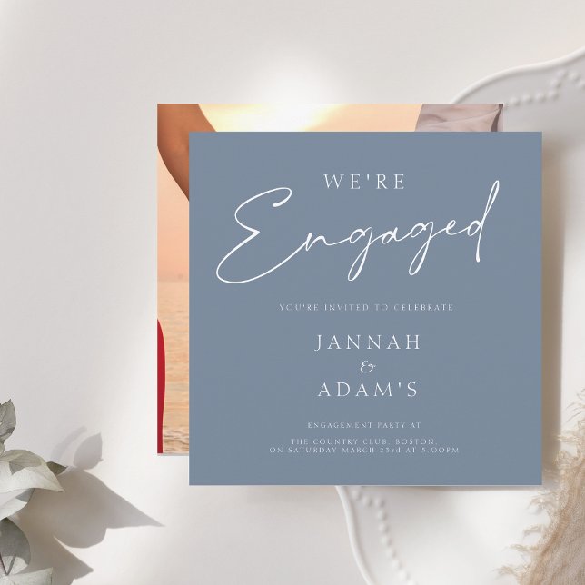 We're Engaged Simple Photo Dusty Blue Engagement Invitation (Creator Uploaded)