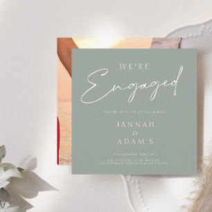 We're Engaged Simple Photo Sage Green Engagement Invitation
