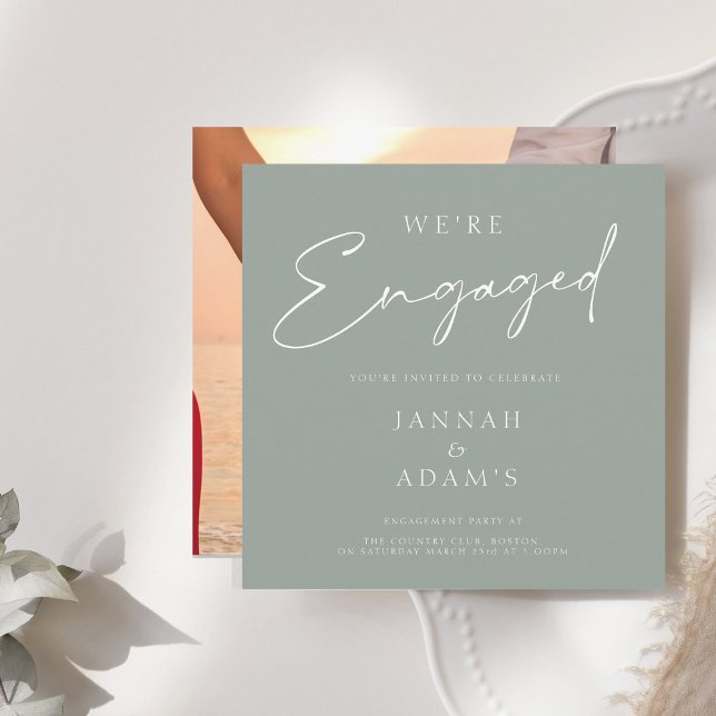 We're Engaged Simple Photo Sage Green Engagement Invitation (Creator Uploaded)