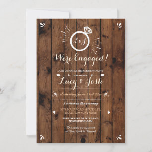 We're Engaged Wood Rustic Ring Sketch Invitation