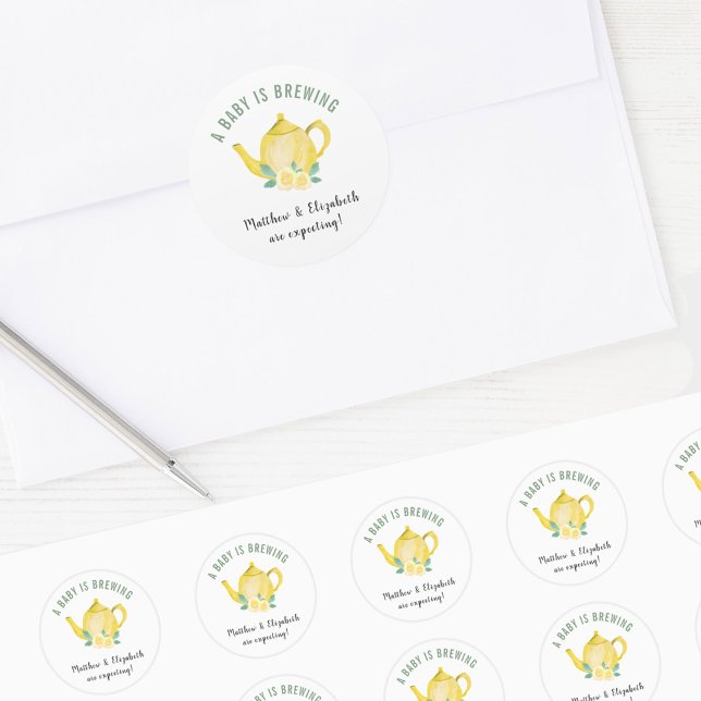 We're Expecting A Baby is Brewing Yellow Teapot Classic Round Sticker (Creator Uploaded)