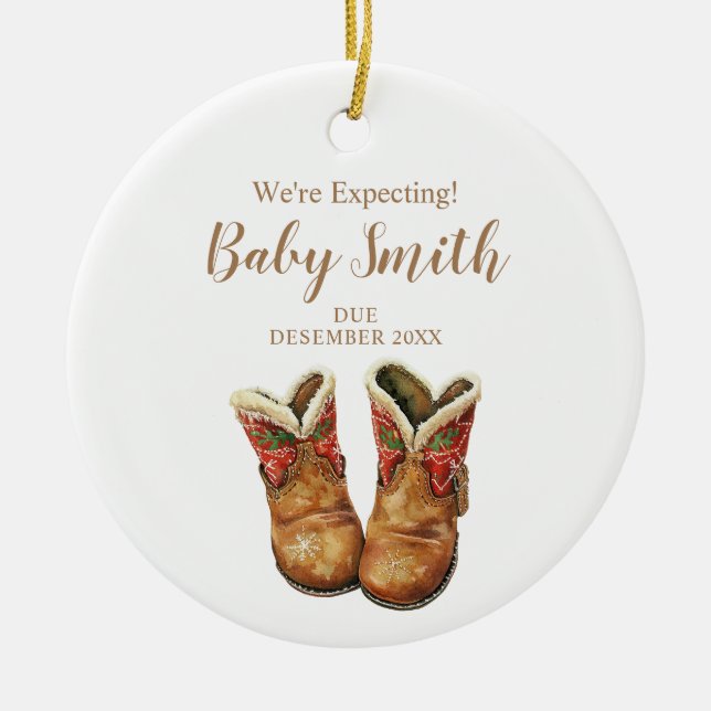 We're Expecting Baby Boots Pregnancy Announcement Ceramic Tree Decoration (Front)