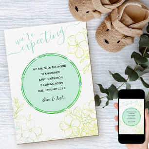 Were Expecting Green Line Drawn Flowers Pregnancy Announcement