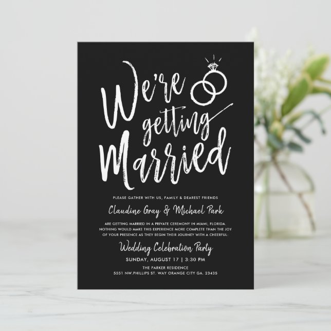 We're Getting Married | Wedding After Party Black Invitation (Standing Front)