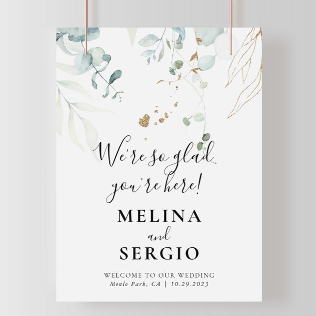 We're Glad You're Here Gold Green Wedding Welcome Poster (Creator Uploaded)