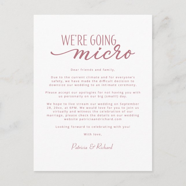 We're Going Micro Downsize Wedding Announcement Postcard (Front)