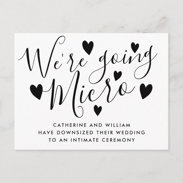 We're Going Micro Smaller Wedding Script Hearts Announcement Postcard (Front)