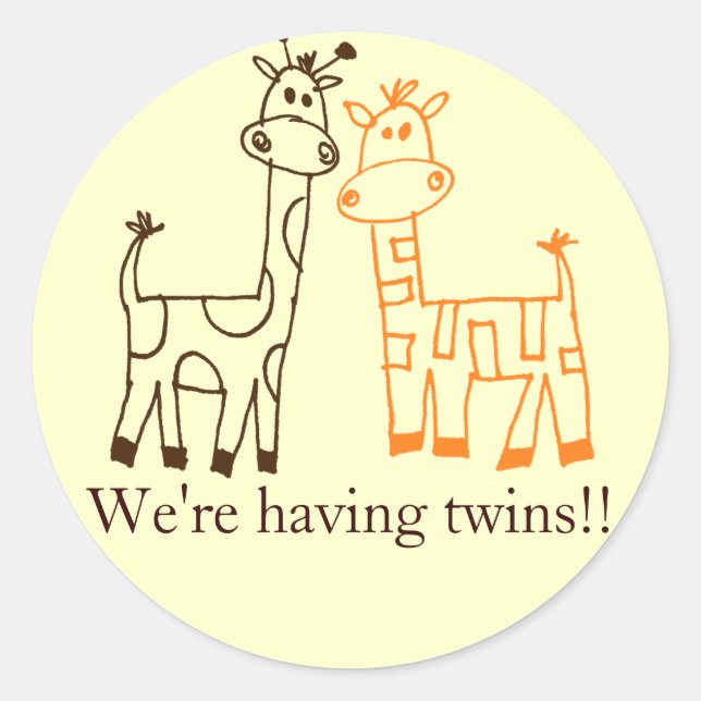 "We're Having Twins!!" Twin Giraffes Classic Round Sticker (Front)