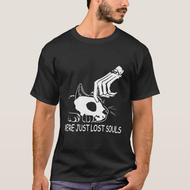 We'Re Just Lost Souls Skull Skeleton Cat Halloween T-Shirt (Front)