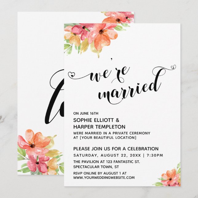 We're Married Hearts Script Boho Watercolor Floral Invitation (Front/Back)