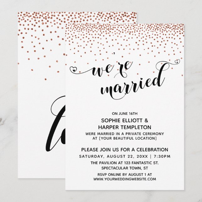 We're Married Hearts Script Copper Confetti Party Invitation (Front/Back)