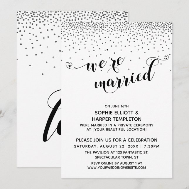 We're Married Hearts Script Silver Confetti Party Invitation (Front/Back)