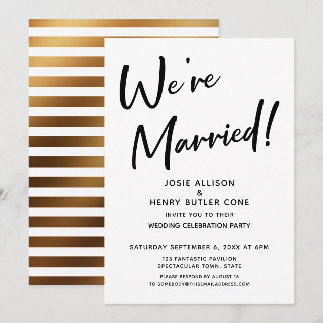 We're Married Modern Wedding Reception Gold Stripe Invitation (Front/Back)