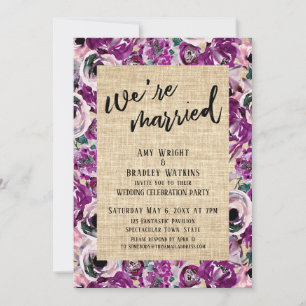 We're Married Pink Painted Floral Burlap Reception Invitation