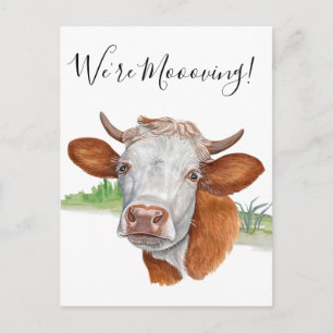  We're Mooving Moving Announcement Cow Watercolor Postcard