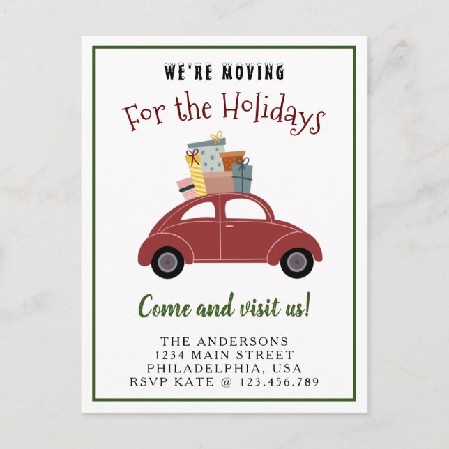 We're Moving for the Holidays Car Christmas Gifts Announcement Postcard (Front)