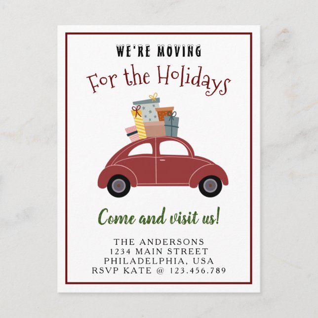 We're Moving for the Holidays Red Car with Gifts Announcement Postcard (Front)