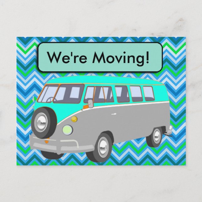 We're Moving, retro blue van Post Card (Front)