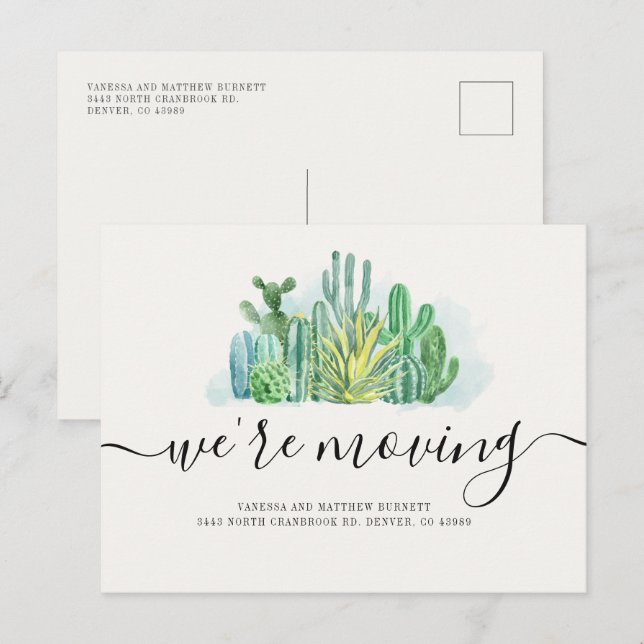 We're Moving Watercolor Cacti Change of Address Announcement Postcard (Front/Back)