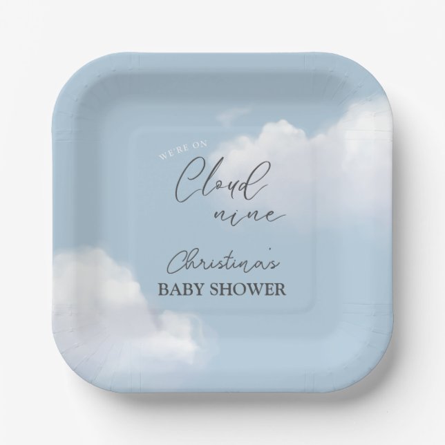 We're on Cloud 9 Blue Boy Baby Shower Paper Plate (Front)