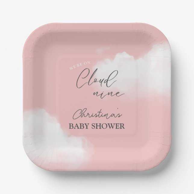 We're on Cloud 9 Pink Girl Baby Shower Paper Plate (Front)