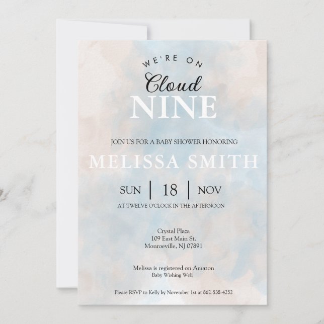 "We're On Cloud Nine" Baby or Bridal Shower Invitation (Front)