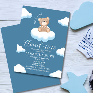 We're on Cloud Nine Blue Boy Bear Baby Shower Invitation