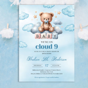 We're on cloud nine brown boy teddy bear on cloud invitation
