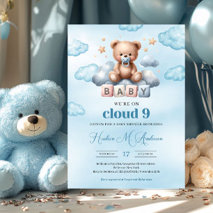 We're on cloud nine brown boy teddy bear on cloud invitation