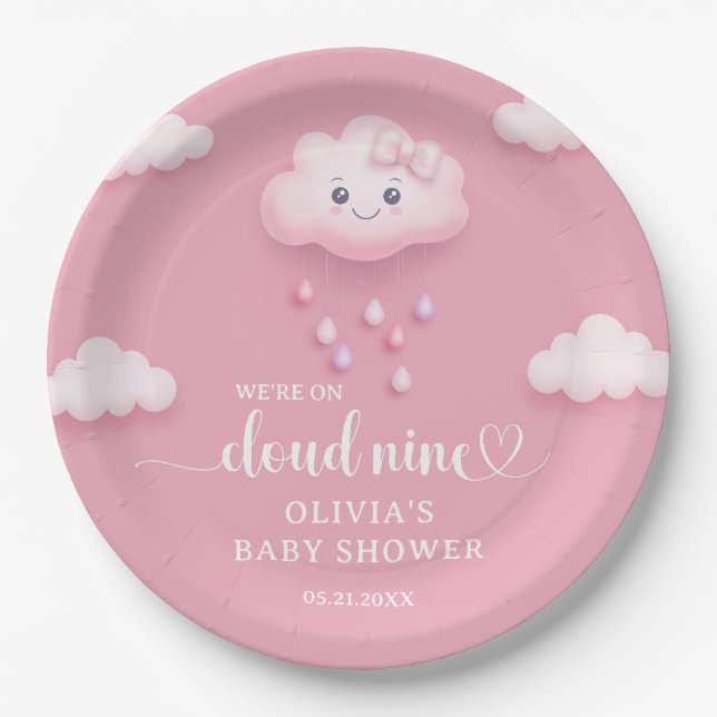 We're on cloud nine cute smiling cloud pink paper plate (Front)