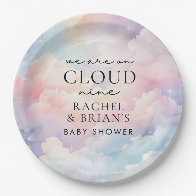 We're on Cloud Nine Dreamy Sky Baby Shower Paper Plate (Front)
