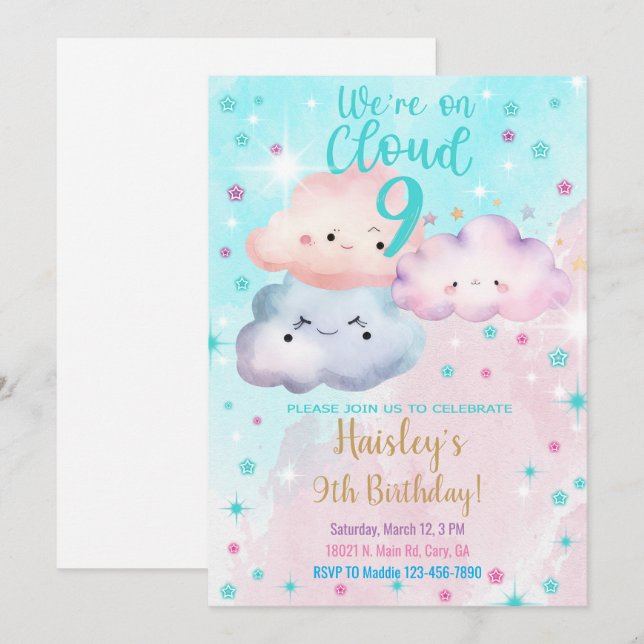 We're on Cloud Nine girl 9th birthday invitation. Invitation (Front/Back)