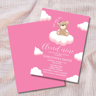 We're on Cloud Nine Pink Girl Bear Baby Shower Invitation