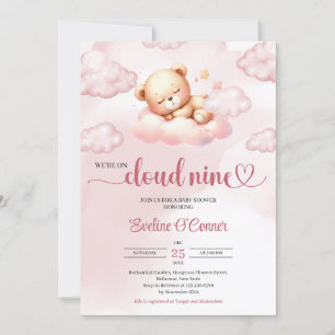 We're on cloud nine watercolor pink teddy bear invitation