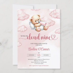 We're on cloud nine watercolor pink teddy bear invitation