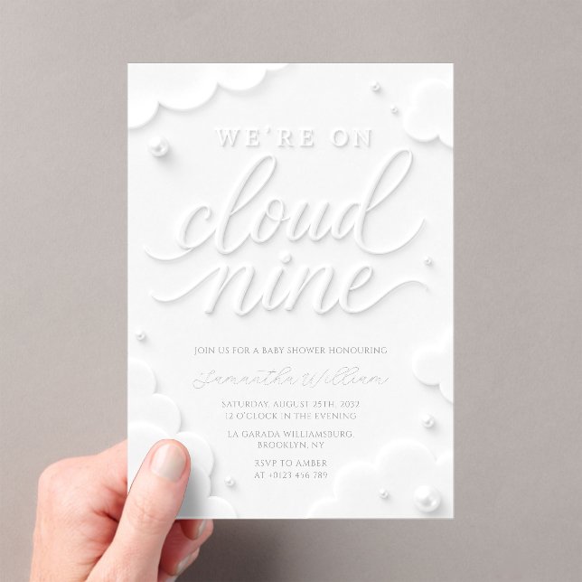 We're on Cloud Nine White Clouds Baby Shower Acrylic Invitations (Insitu (Handheld))